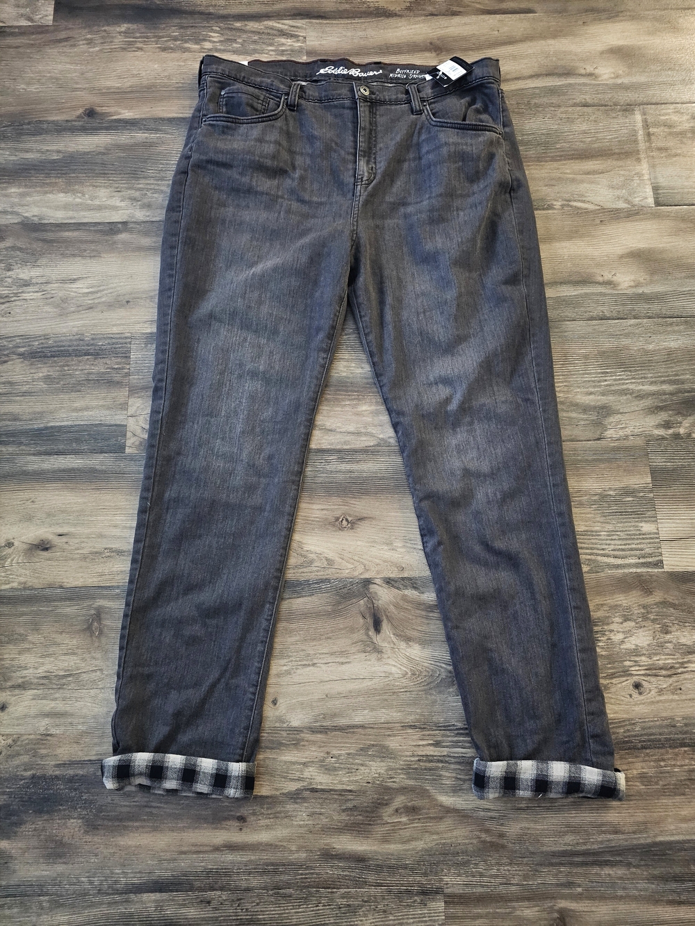 NWT Eddie Bauer Womens Flannel Lined Jeans Sz 16T Boyfriend Gray Cuffs, Mid Rise